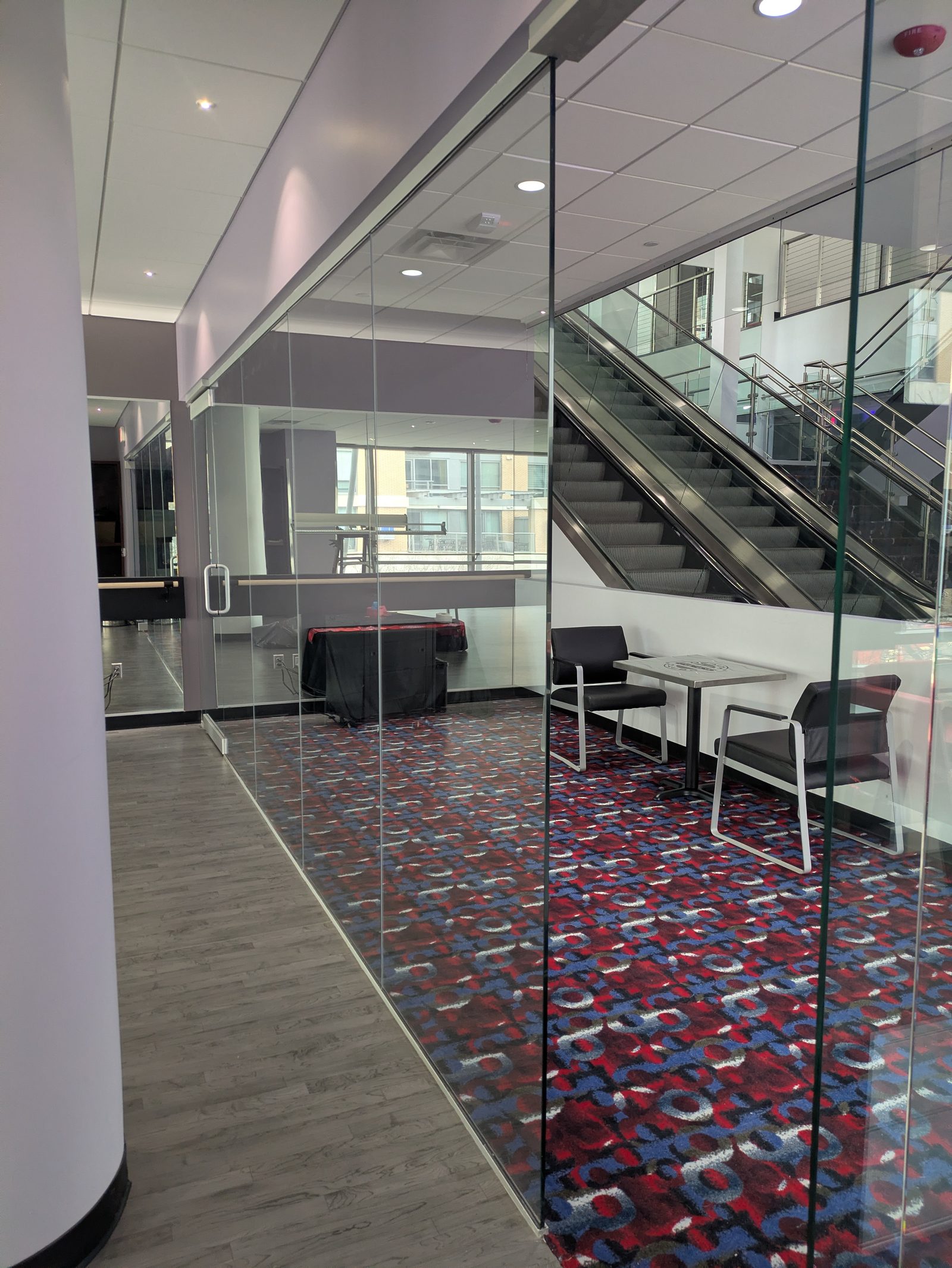 Gym entry with frosted glass walls